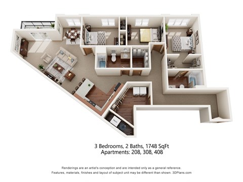 3-bedroom, 2 bathroom apartment with balcony.